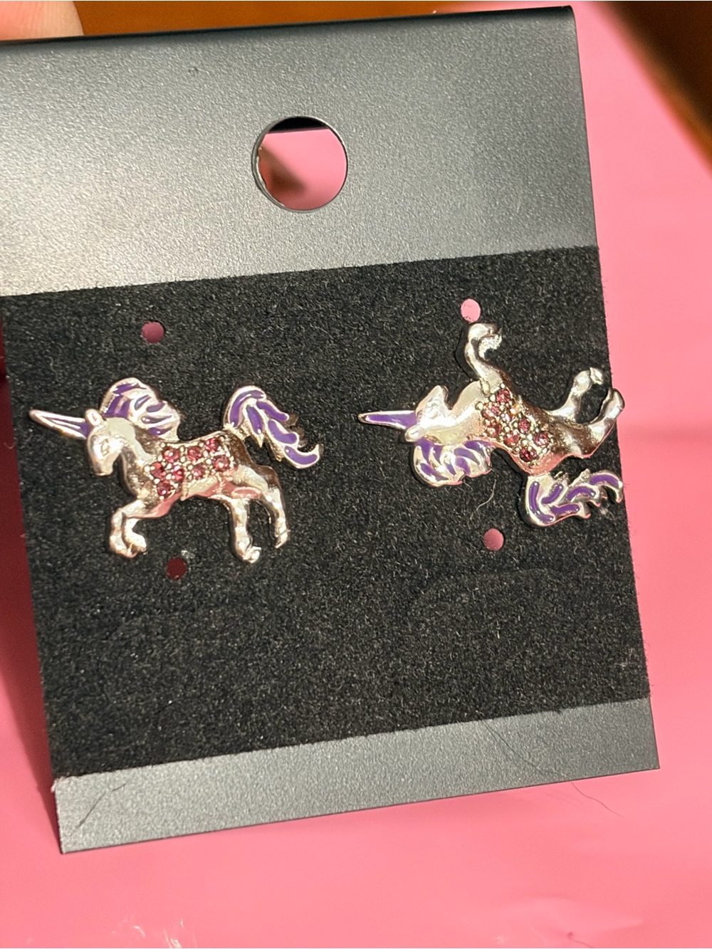 Sterling silver unicorn screw back earrings pink cz